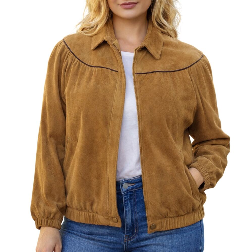 Vintage 80s Women’s L/XL Cotedazur Fawn Brown Suede Jacket Leather Trim